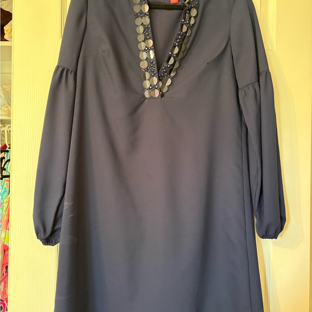 Lilly Pulitzer Navy Beaded V-Neck Long Sleeve Dress